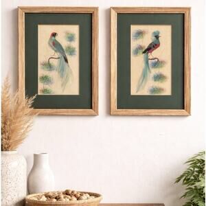 Pair Mid Century Decorative Feather Art Panels Exotic Birds Boho Tropical 8x10